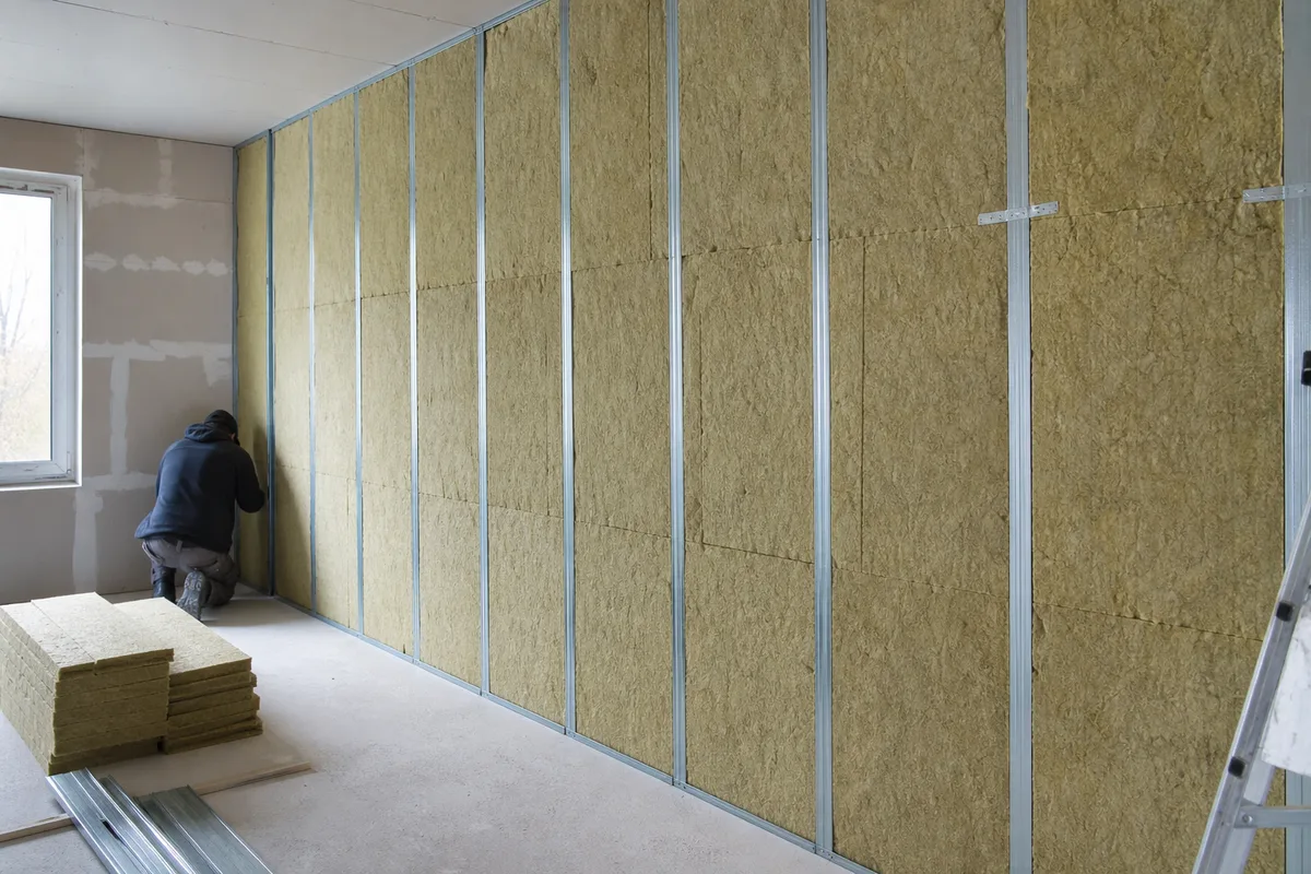 Pose de panneaux isolants sur un mur en rénovation énergétique près de Châteaubriant