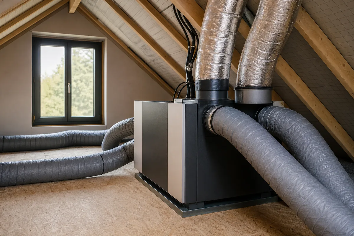 Bloc de ventilation double flux et menuiseries neuves dans un habitat rénové du Castelbriantais