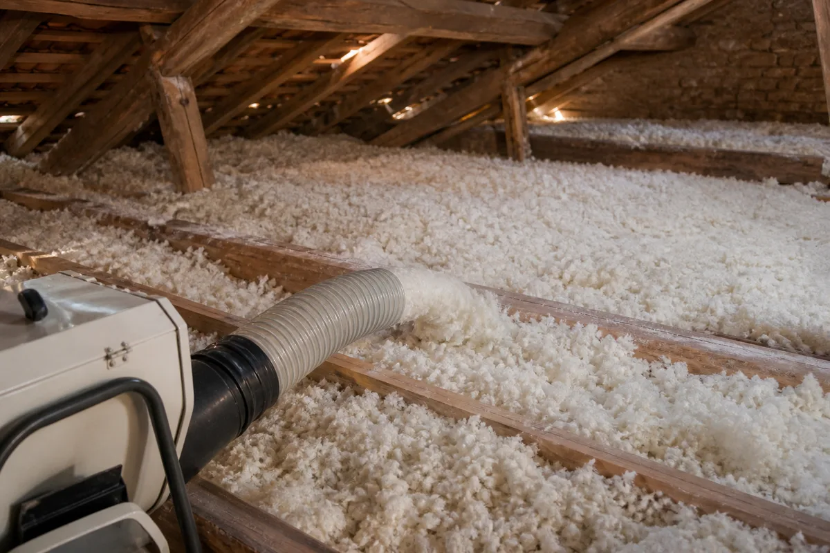 Isolation des combles perdus par soufflage de laine dans une maison de la vallée de la Sarthe