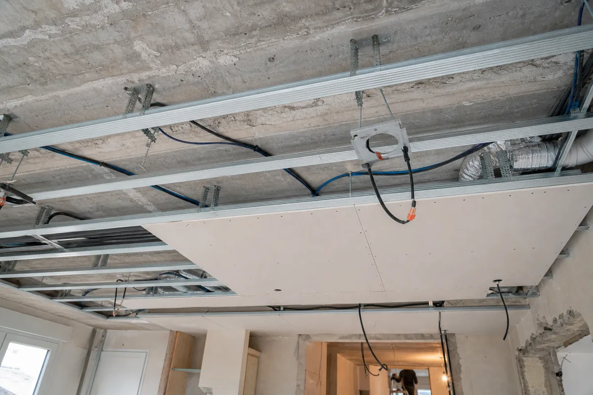 Ossature métallique suspendue d’un faux plafond en plaques de plâtre avant finition