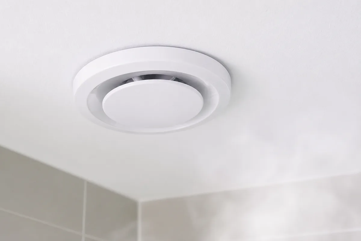 Bouche d’extraction d’une VMC hygroréglable au plafond d’une salle de bains