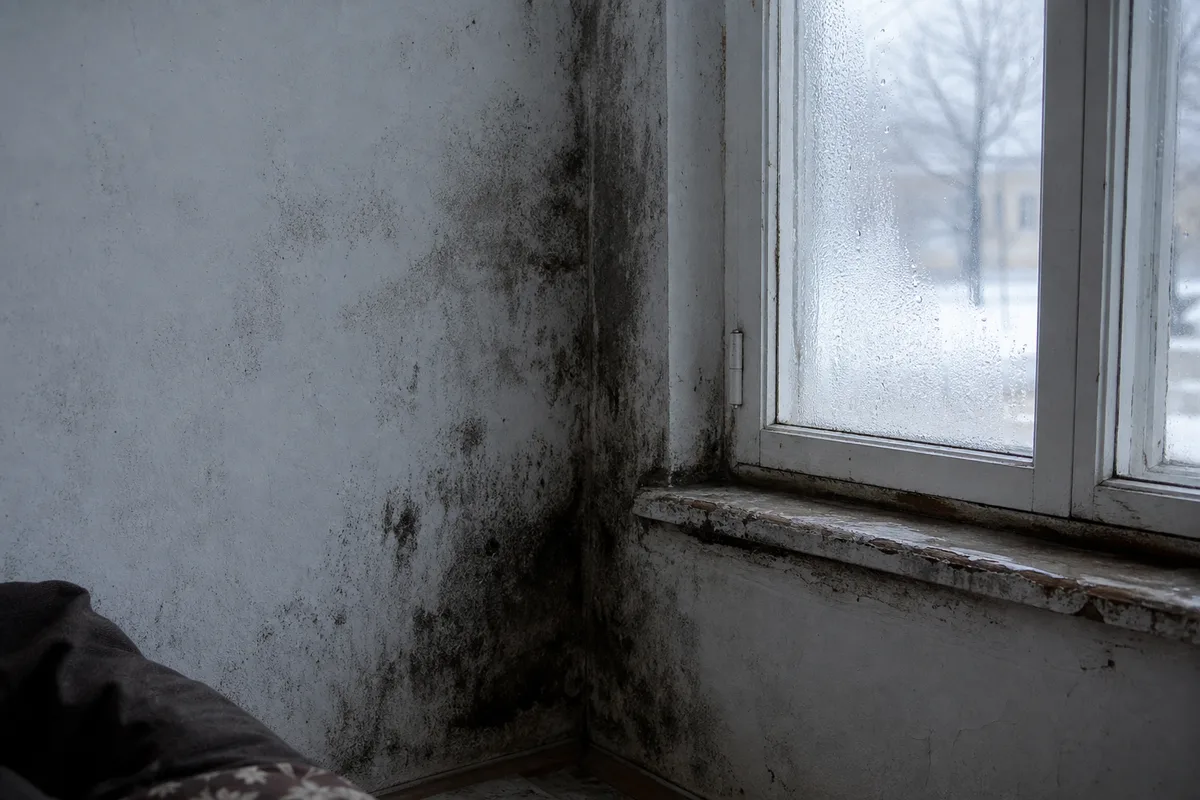 Traces de moisissures et condensation sur un mur intérieur humide